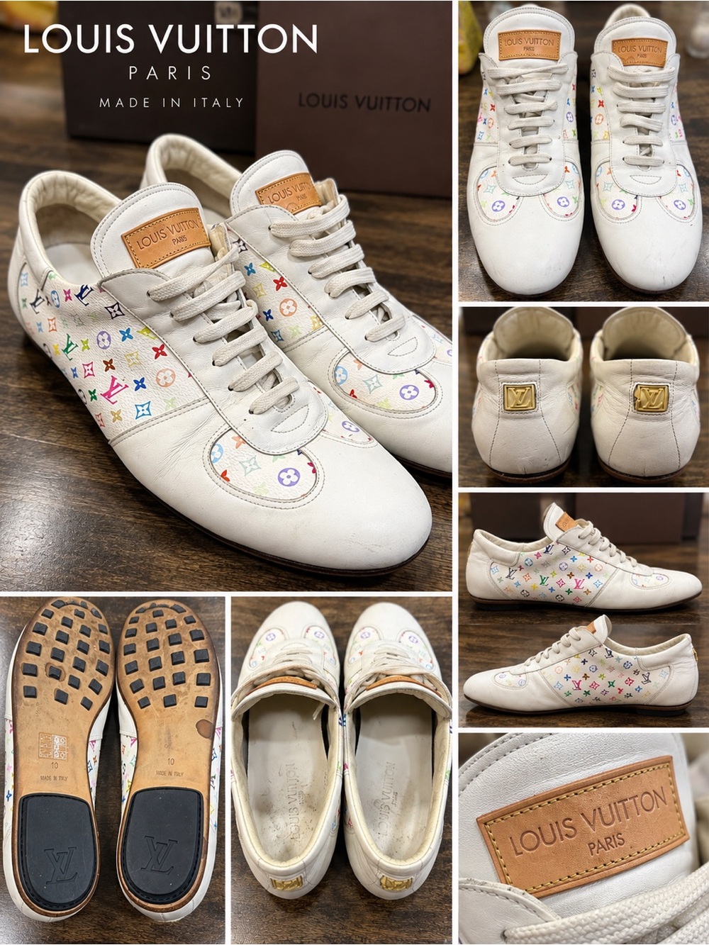 Louis Vuitton White Leather Sneakers with Multicolor Monogram Accents